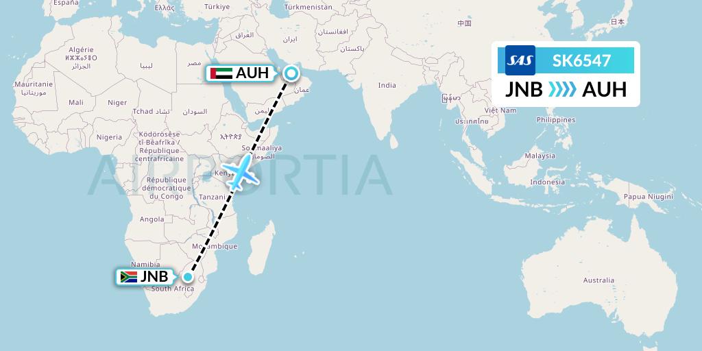 SK6547 SAS Flight Map: Johannesburg to Abu Dhabi