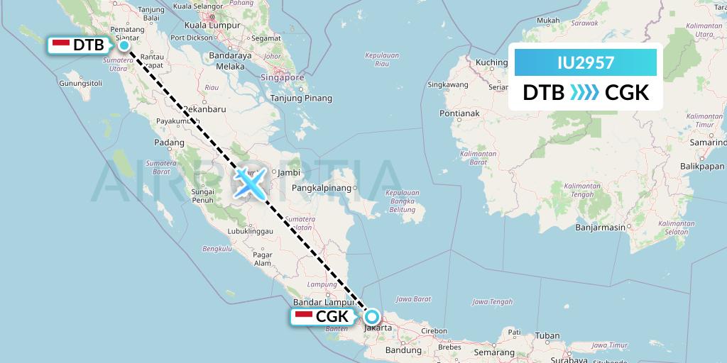 IU2957 Pt. Super Air Jet Flight Map: Medan-Sumatra Island to Jakarta