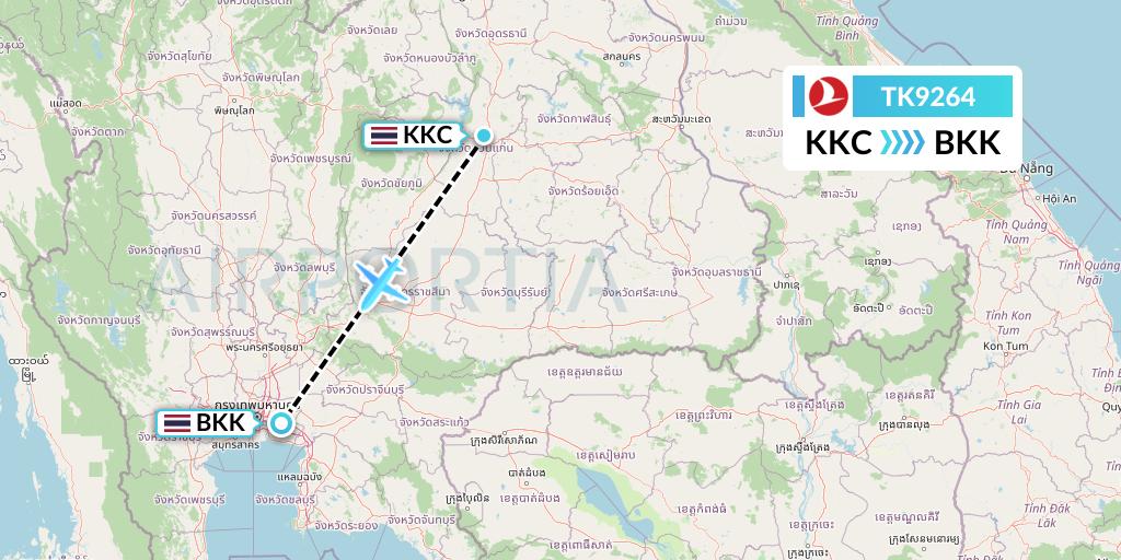 TK9264 Turkish Airlines Flight Map: Khon Kaen to Bangkok