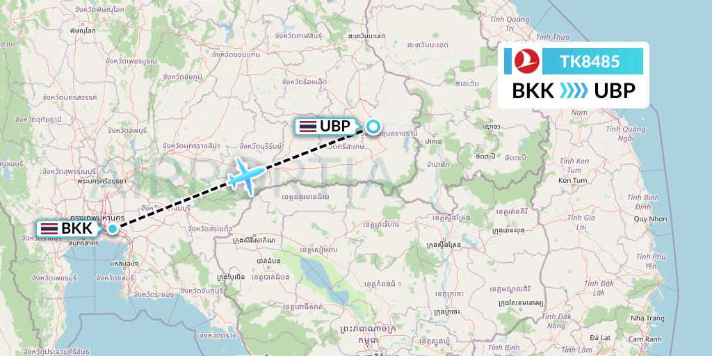 TK8485 Turkish Airlines Flight Map: Bangkok to Ubon Ratchathani