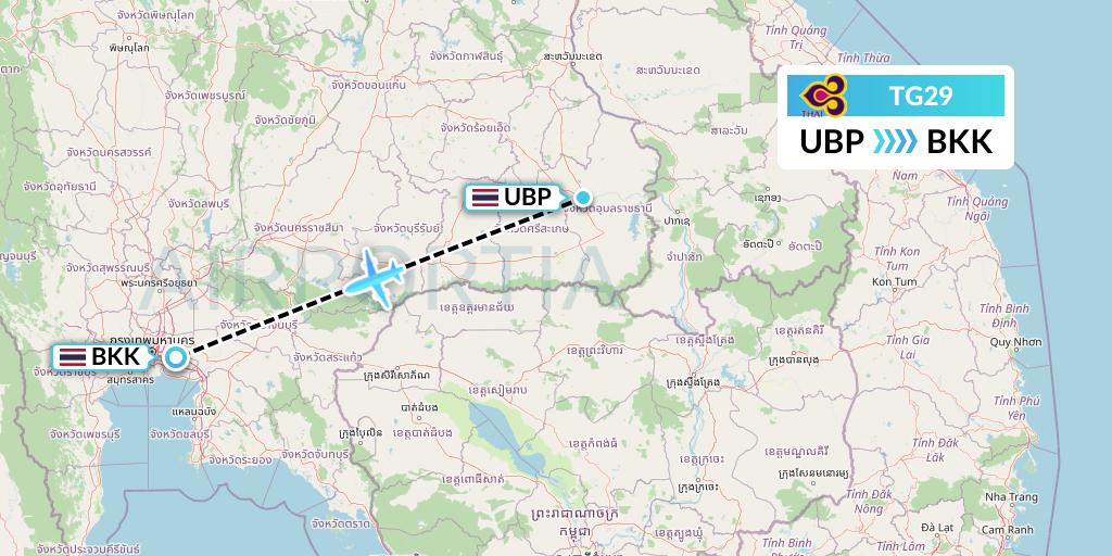 TG29 Thai Airways Flight Map: Ubon Ratchathani to Bangkok