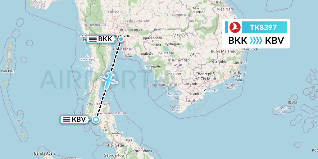 TK8397 Turkish Airlines Flight Map: Bangkok to Krabi