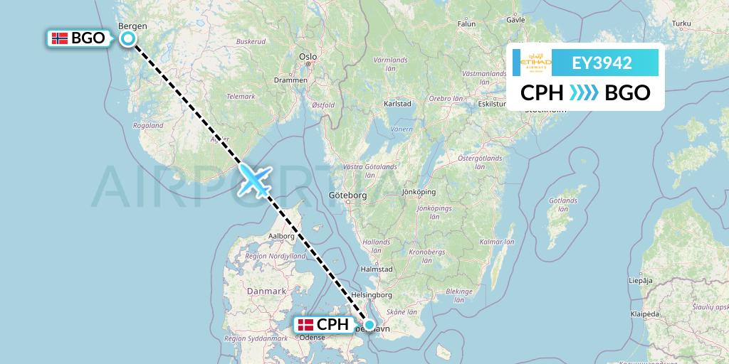EY3942 Etihad Airways Flight Map: Copenhagen to Bergen