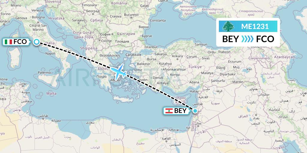 ME1231 MEA Flight Map: Beirut to Rome