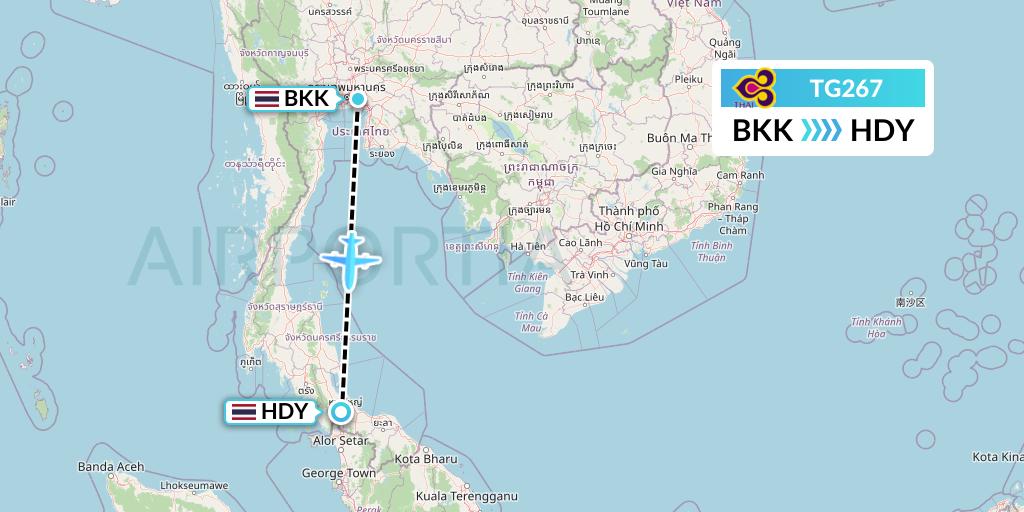 TG267 Thai Airways Flight Map: Bangkok to Hat Yai