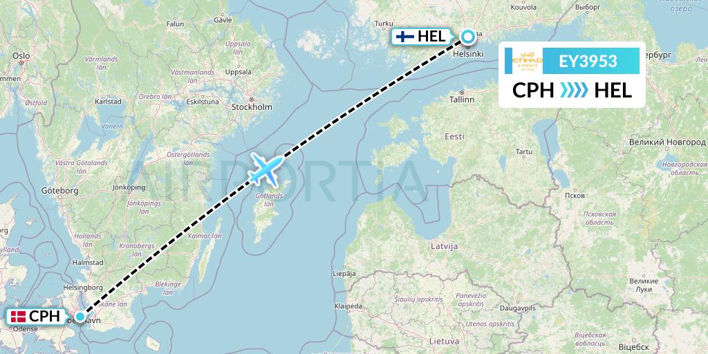 EY3953 Etihad Airways Flight Map: Copenhagen to Helsinki
