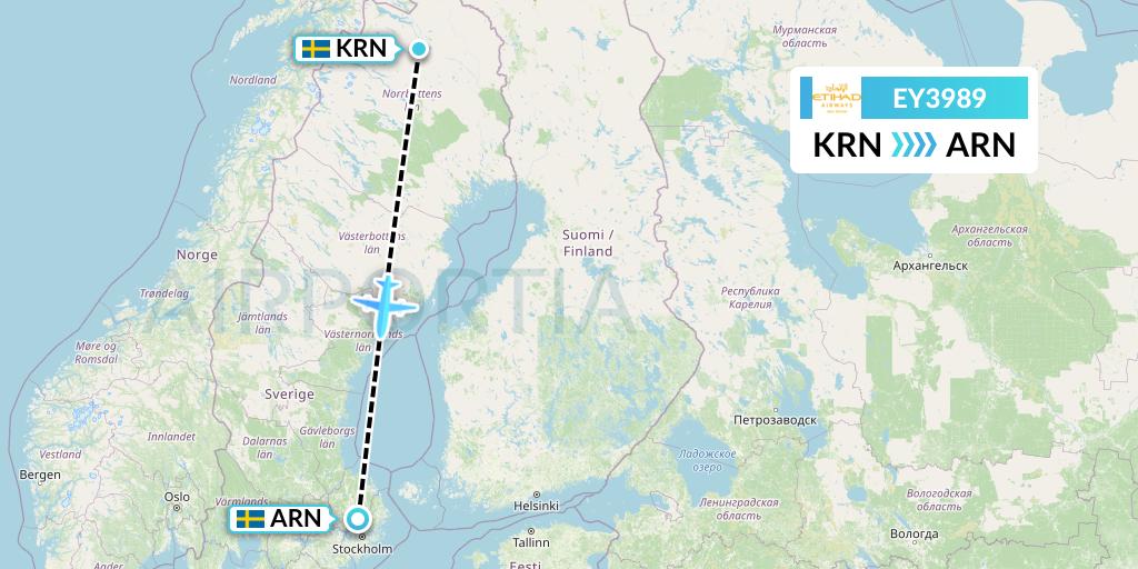 EY3989 Etihad Airways Flight Map: Kiruna to Stockholm