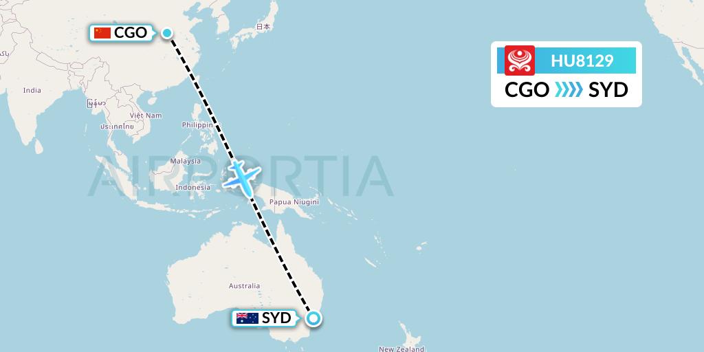 HU8129 Hainan Airlines Flight Map: Zhengzhou to Sydney