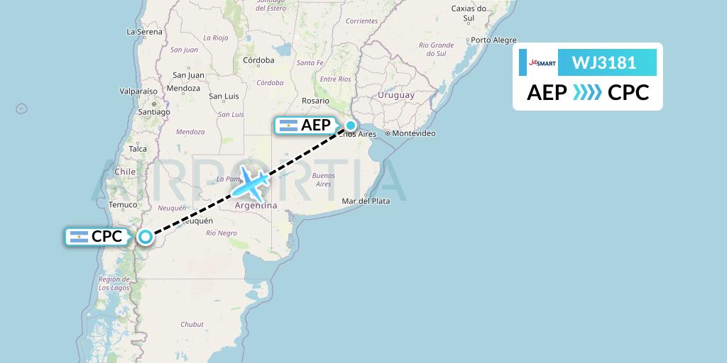 WJ3181 Jetsmart Airlines Flight Map: Buenos Aires to San Martin de los Andes