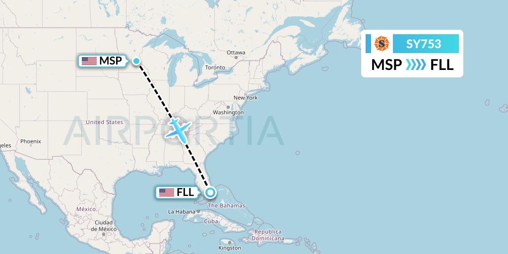 SY753 Sun Country Airlines Flight Map: Minneapolis to Fort Lauderdale