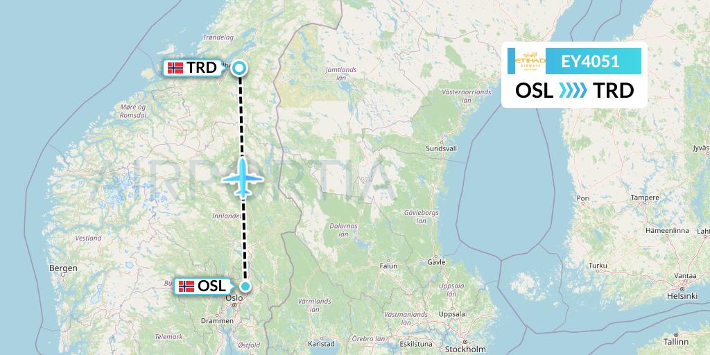 EY4051 Etihad Airways Flight Map: Oslo to Trondheim