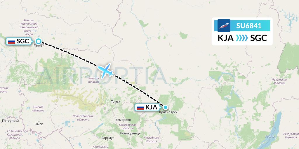 SU6841 Aeroflot Flight Map: Krasnoyarsk to Surgut