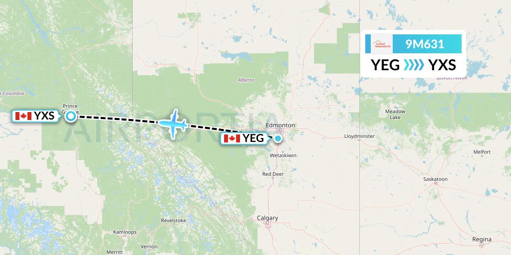 9M631 Central Mountain Air Flight Map: Edmonton to Prince George