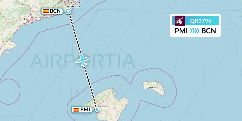 QR3796 Qatar Airways Flight Map: Palma de Mallorca to Barcelona