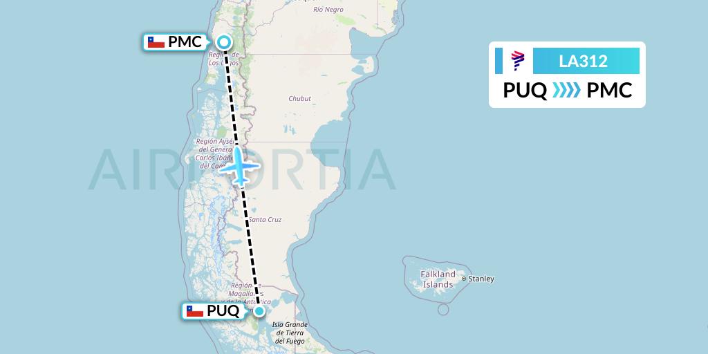 LA312 LAN Airlines Flight Map: Punta Arenas to Puerto Montt