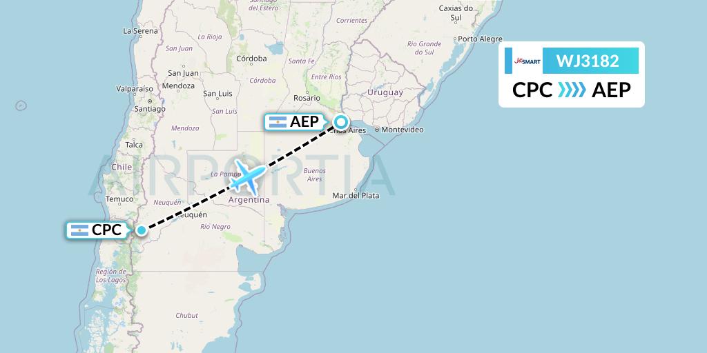 WJ3182 Jetsmart Airlines Flight Map: San Martin de los Andes to Buenos Aires