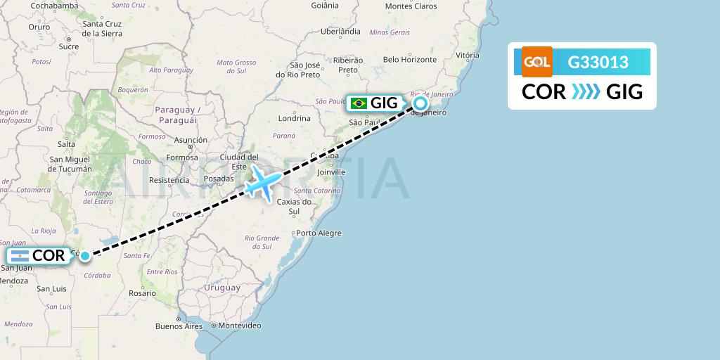 G33013 GOL Transportes Aeros Flight Map: Cordoba to Rio de Janeiro