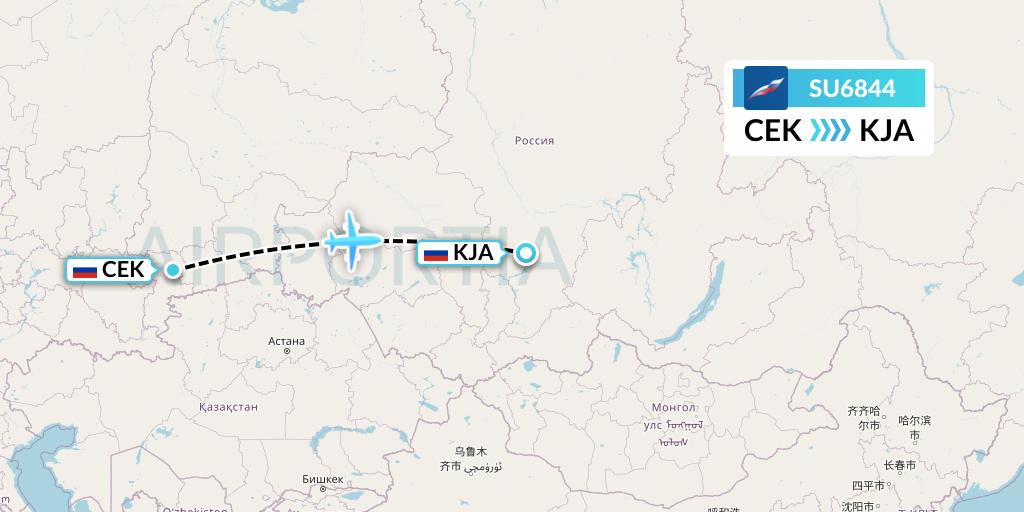 SU6844 Aeroflot Flight Map: Chelyabinsk to Krasnoyarsk