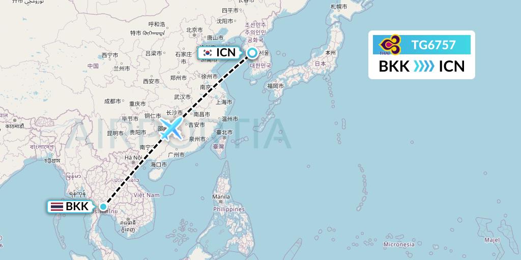 TG6757 Thai Airways Flight Map: Bangkok to Seoul