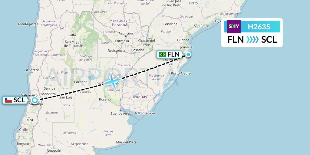 H2635 Sky Airline Flight Map: Florianopolis to Santiago