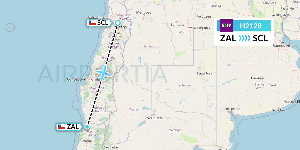 H2128 Sky Airline Flight Map: Valdivia to Santiago