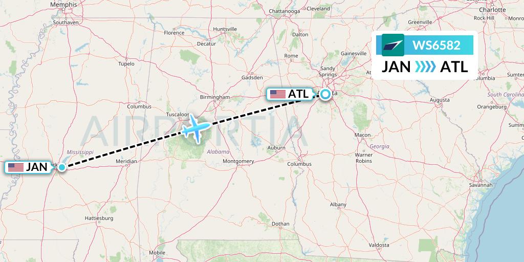 WS6582 WestJet Flight Map: Jackson to Atlanta