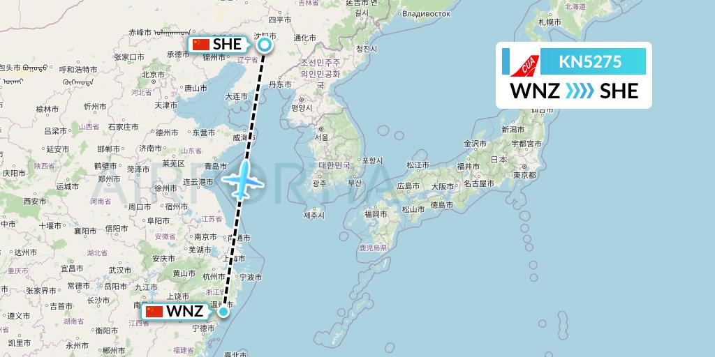 KN5275 China United Airlines Flight Map: Wenzhou to Shenyang