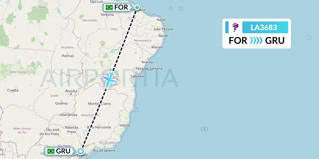 LA3683 LAN Airlines Flight Map: Fortaleza to Sao Paulo