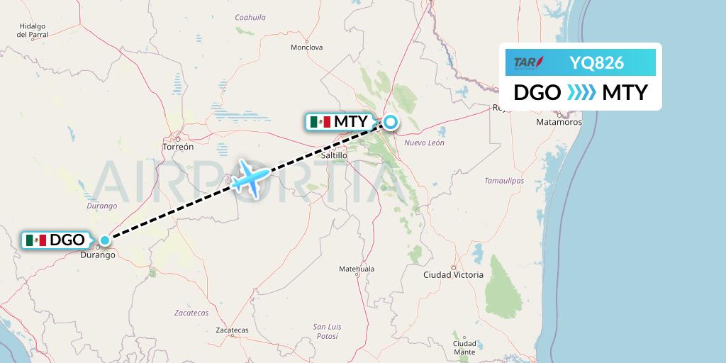YQ826 TAR Aerolineas Flight Map: Durango to Monterrey