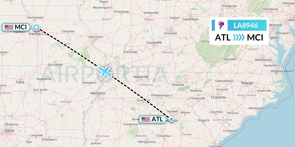 LA8946 LAN Airlines Flight Map: Atlanta to Kansas City