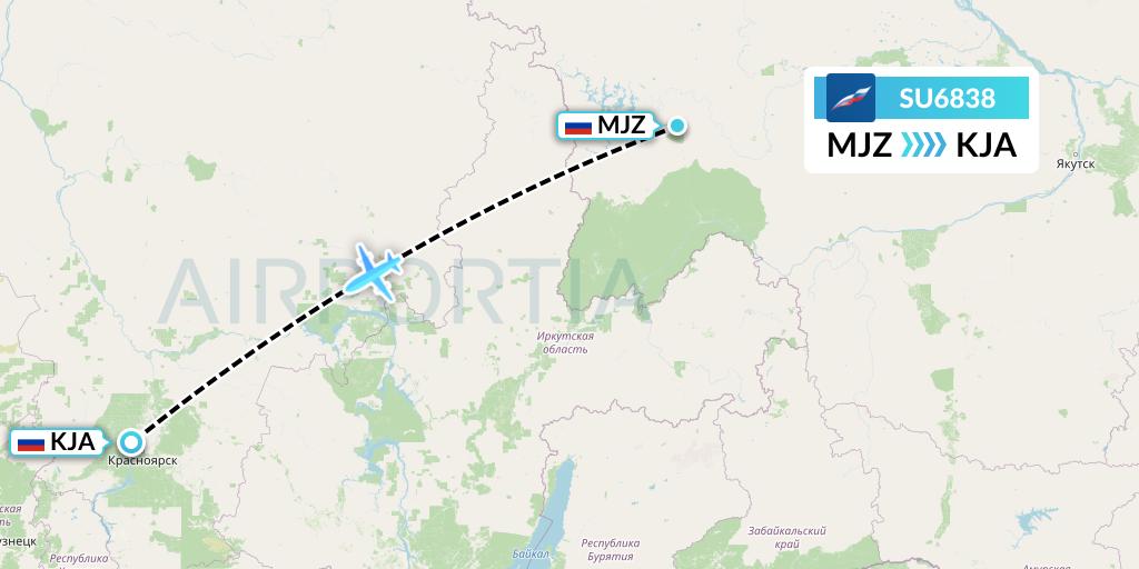 SU6838 Aeroflot Flight Map: Mirny to Krasnoyarsk