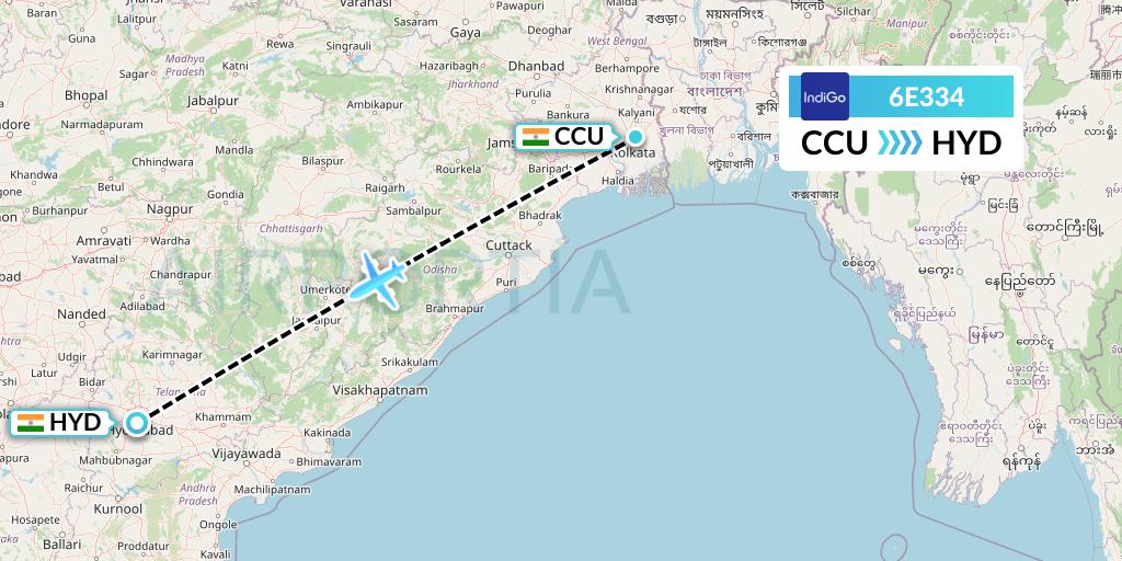 6E334 IndiGo Airlines Flight Map: Kolkata to Hyderabad