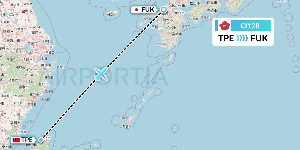CI128 China Airlines Flight Map: Taipei to Fukuoka