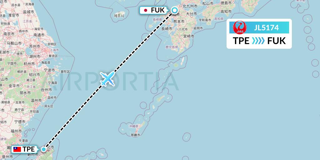 JL5174 Japan Airlines Flight Map: Taipei to Fukuoka