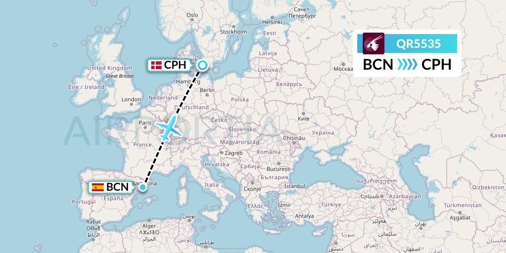 QR5535 Qatar Airways Flight Map: Barcelona to Copenhagen