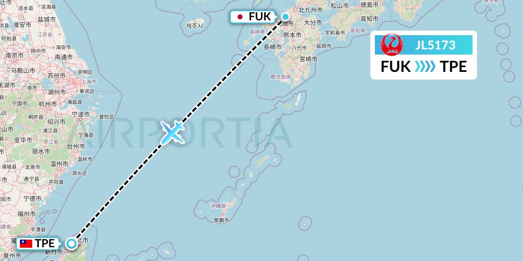 JL5173 Japan Airlines Flight Map: Fukuoka to Taipei