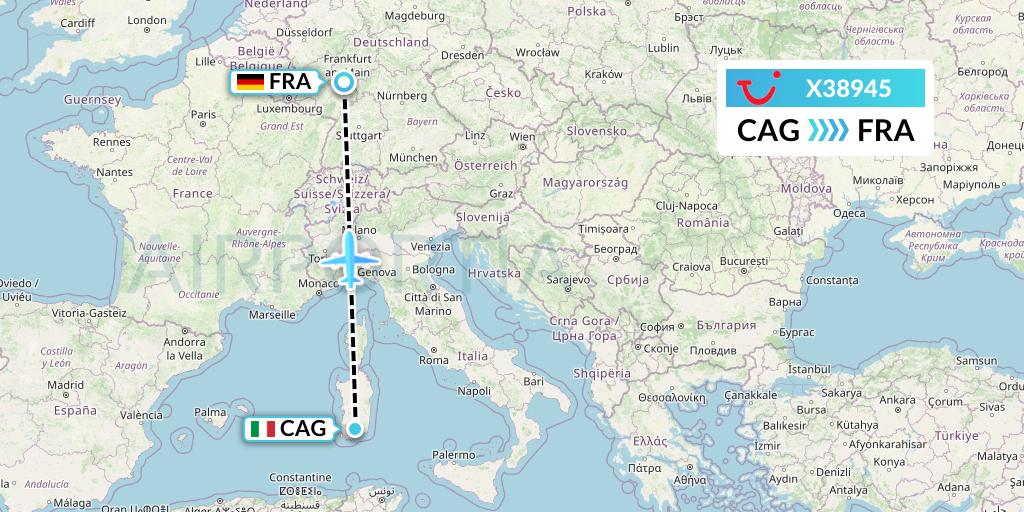 X38945 TUI fly Germany Flight Map: Cagliari to Frankfurt
