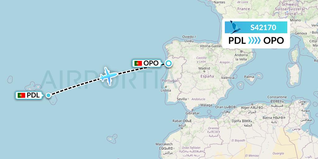 S42170 Azores Airlines Flight Map: Ponta Delgada to Porto