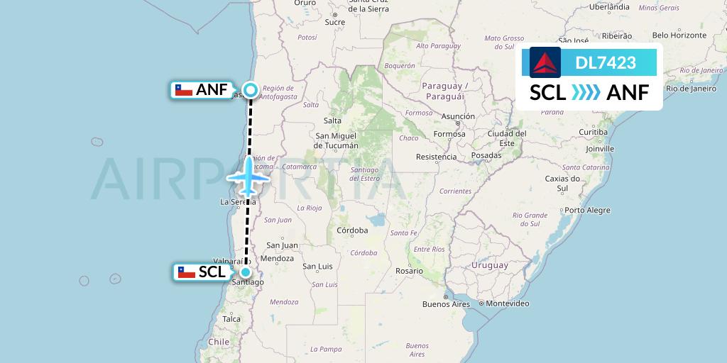 DL7423 Delta Air Lines Flight Map: Santiago to Antofagasta