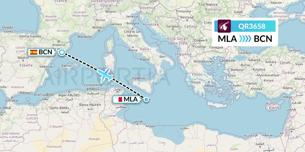 QR3658 Qatar Airways Flight Map: Malta to Barcelona