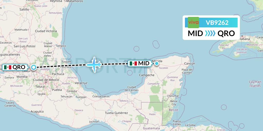 VB9262 VivaAerobus Flight Map: Merida to Queretaro
