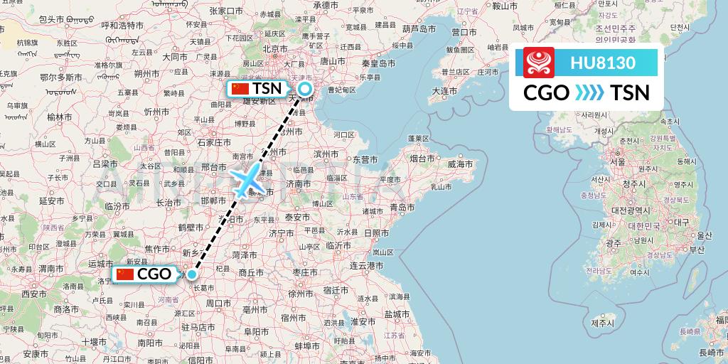 HU8130 Hainan Airlines Flight Map: Zhengzhou to Tianjin