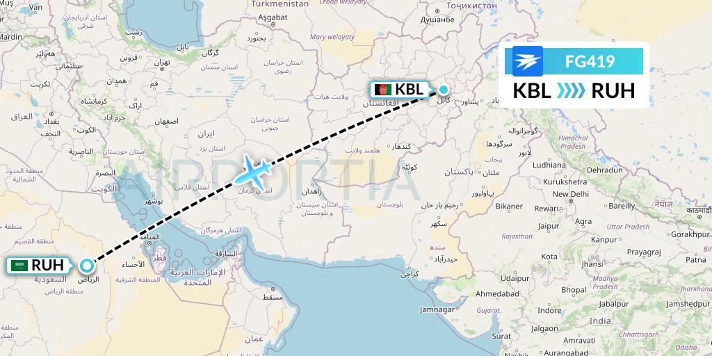 FG419 Ariana Afghan Airlines Flight Map: Kabul to Riyadh