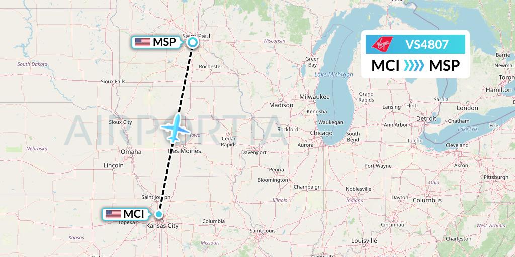 VS4807 Virgin Atlantic Airways Flight Map: Kansas City to Minneapolis
