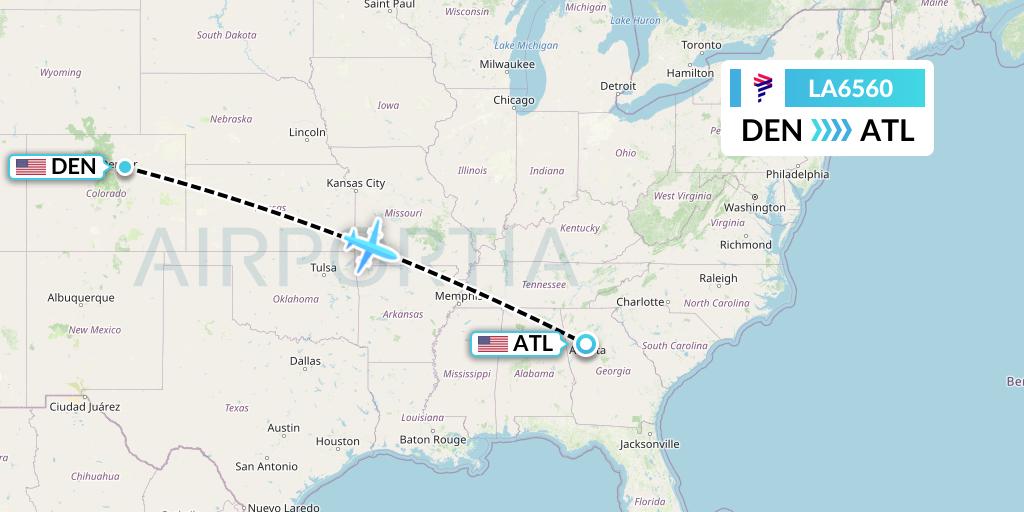 LA6560 LAN Airlines Flight Map: Denver to Atlanta