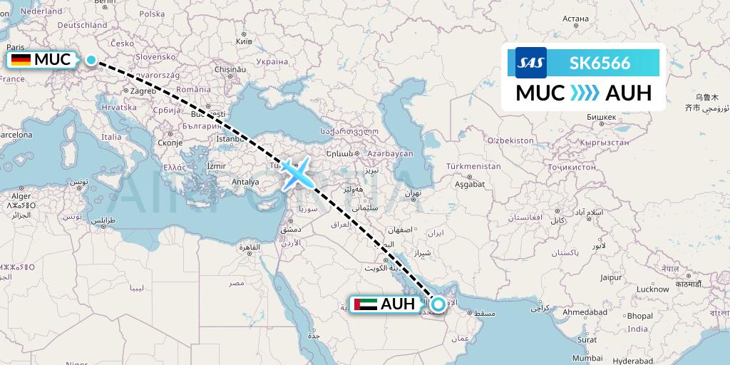 SK6566 SAS Flight Map: Munich to Abu Dhabi