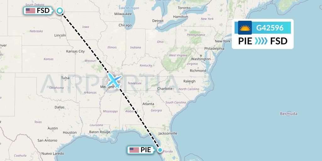 G42596 Allegiant Air Flight Map: St. Petersburg to Sioux Falls
