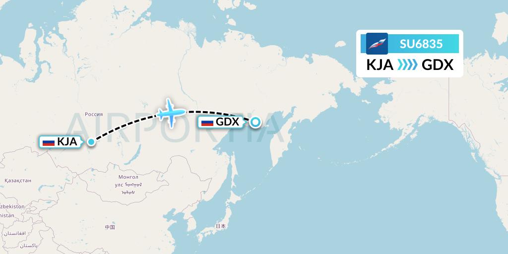 SU6835 Aeroflot Flight Map: Krasnoyarsk to Magadan