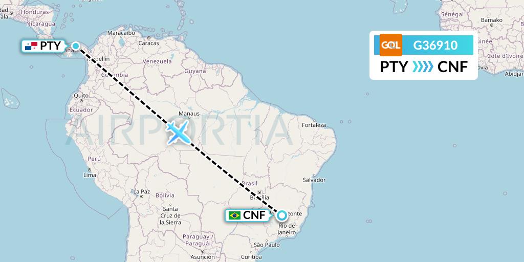 G36910 GOL Transportes Aeros Flight Map: Panama City to Belo Horizonte