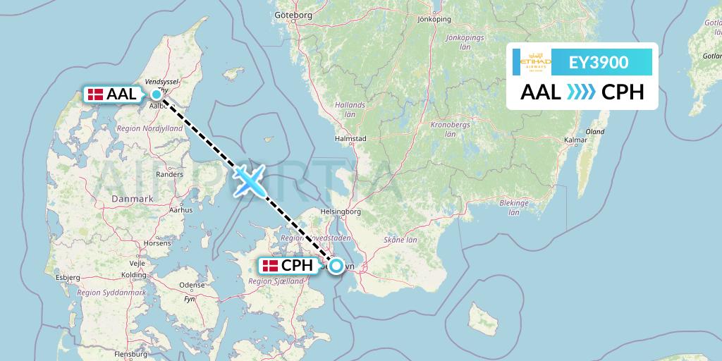 EY3900 Etihad Airways Flight Map: Aalborg to Copenhagen